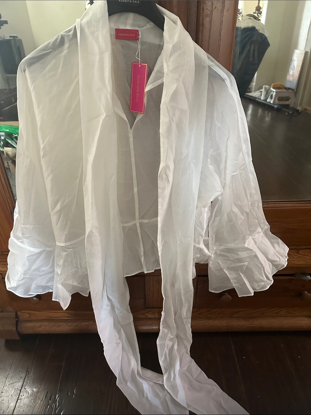 Gabriella Rocha White Sheer Ruffle-Sleeve Tie-Front Blouse